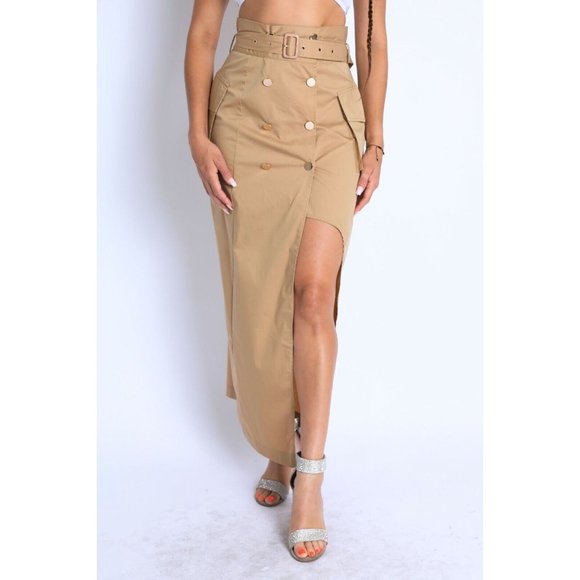 Women Asymmetric Self Belted Pockets Detailed Maxi Skirt Formal Casual Khaki - Picture 5 of 10